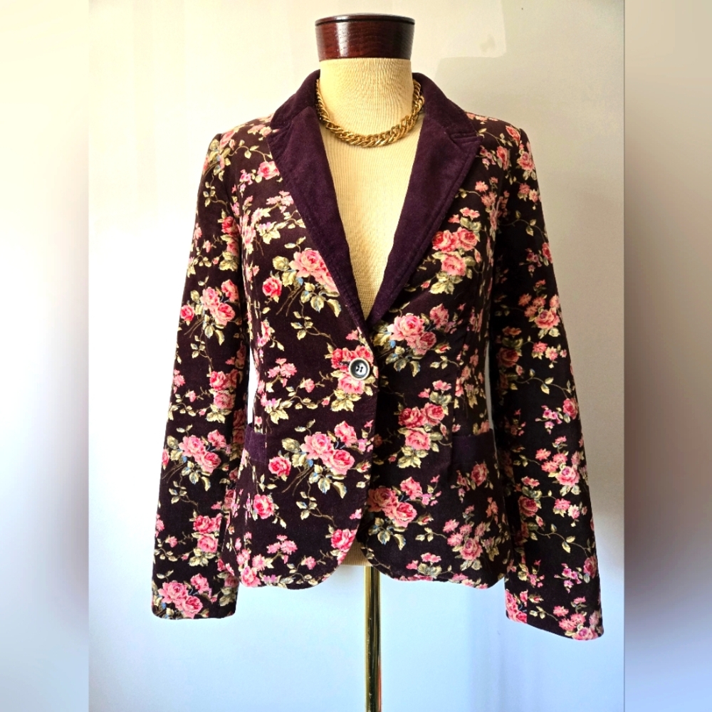 PINK MARTINI Velvet Chocolate Brown Floral Blazer Jacket. Size Small